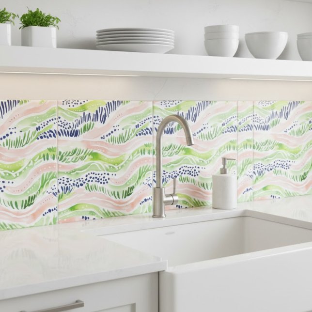 Abstrakt Vattenfärgsfärgad Grönt Rosa Blue Decorat Kakelplatta (Skapare uppladdad)