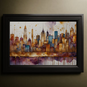 Abstrakt Vattenfärgsfärgning Guld Cityscape 3:2 Poster
