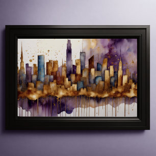 Abstrakt Vattenfärgsfärgning Guld Cityscape 3:2 Poster