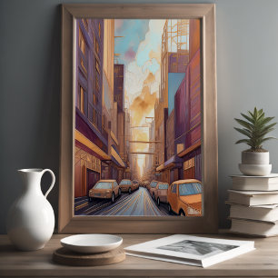 Abstrakt Vattenfärgsfärgning Guld Cityscape 3:2 Poster