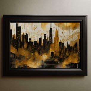 Abstrakt Vattenfärgsfärgning Guld Cityscape 3:2 Poster