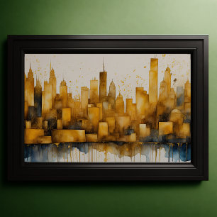 Abstrakt Vattenfärgsfärgning Guld Cityscape 3:2 Poster