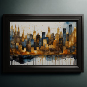 Abstrakt Vattenfärgsfärgning Guld Cityscape 3:2 Poster