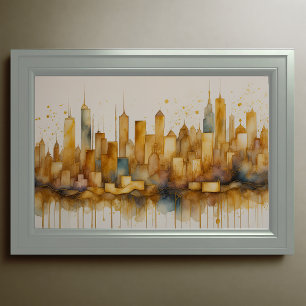 Abstrakt Vattenfärgsfärgning Guld Cityscape 3:2 Poster