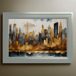 Abstrakt Vattenfärgsfärgning Guld Cityscape 3:2 Poster