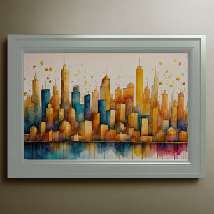 Abstrakt Vattenfärgsfärgning Guld Cityscape 3:2 Poster