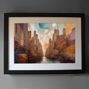 Abstrakt Vattenfärgsfärgning Guld Cityscape 3:2 Poster