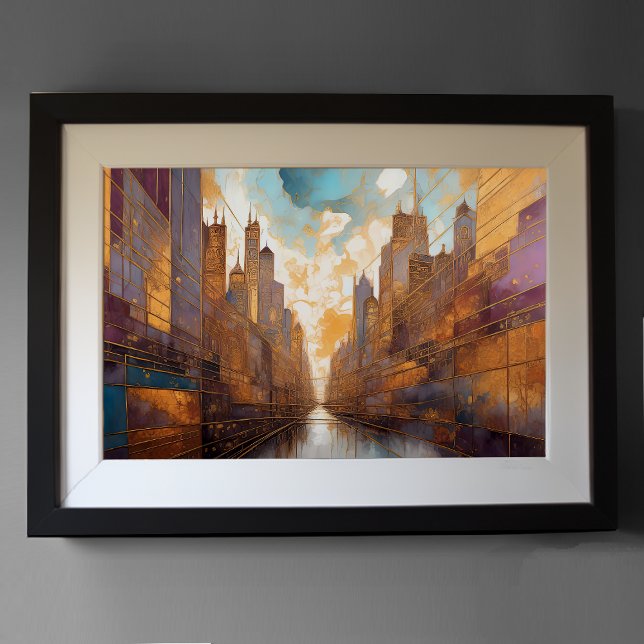 Abstrakt Vattenfärgsfärgning Guld Cityscape 3:2 Poster (Skapare uppladdad)