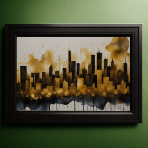 Abstrakt Vattenfärgsfärgning Guld Cityscape 3:2 Poster