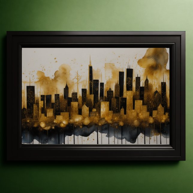 Abstrakt Vattenfärgsfärgning Guld Cityscape 3:2 Poster (Skapare uppladdad)