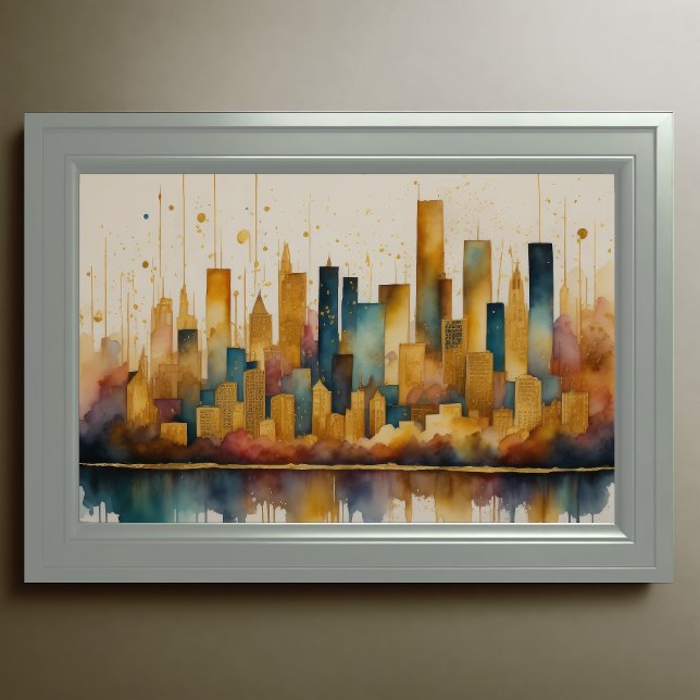 Abstrakt Vattenfärgsfärgning Guld Cityscape 3:2 Poster (Skapare uppladdad)