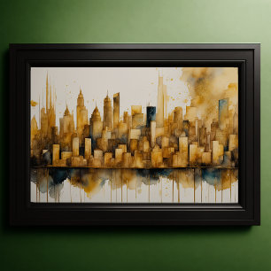 Abstrakt Vattenfärgsfärgning Guld Cityscape 3:2 Poster