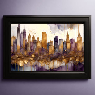 Abstrakt Vattenfärgsfärgning Guld Cityscape 3:2 Poster