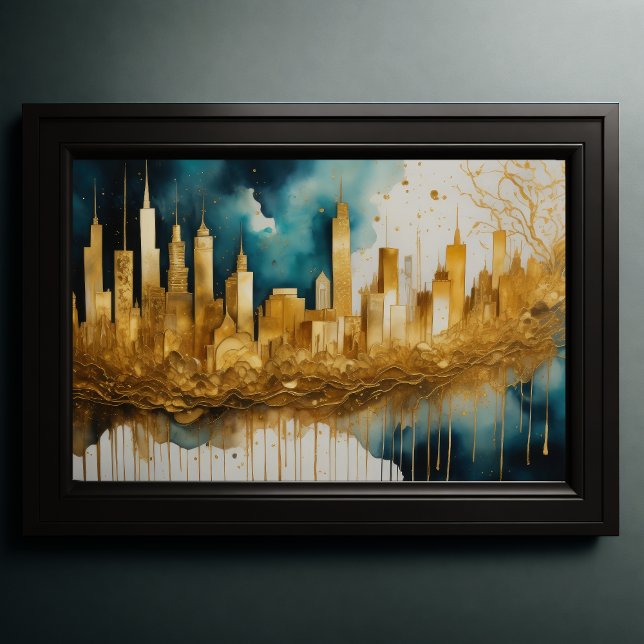 Abstrakt Vattenfärgsfärgning Guld Cityscape 3:2 Poster (Skapare uppladdad)