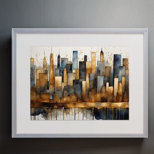 Abstrakt Vattenfärgsfärgning Guld Cityscape 4:3 Poster