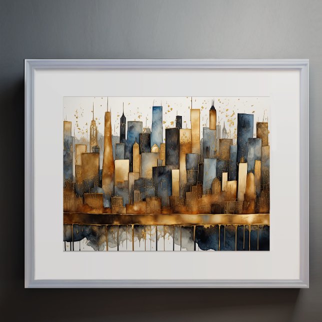 Abstrakt Vattenfärgsfärgning Guld Cityscape 4:3 Poster (Skapare uppladdad)