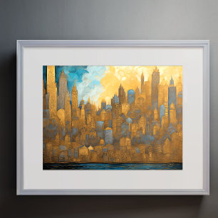 Abstrakt Vattenfärgsfärgning Guld Cityscape 4:3 Poster