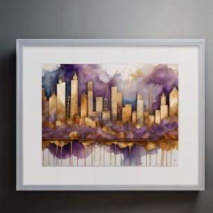 Abstrakt Vattenfärgsfärgning Guld Cityscape 4:3 Poster
