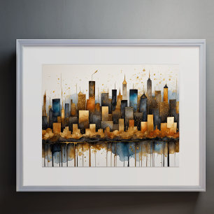 Abstrakt Vattenfärgsfärgning Guld Cityscape 4:3 Poster