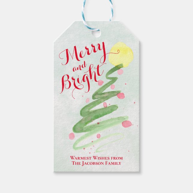 Abstrakt Vattenfärgskonstruktion Julgran och ljus Presentetikett (Framsidan)