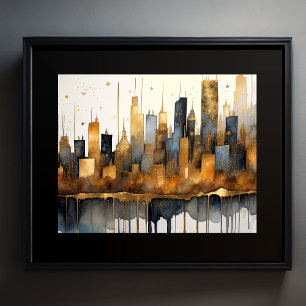 Abstrakt Vattenfärgsmålning Guld Cityscape 5:4 Poster