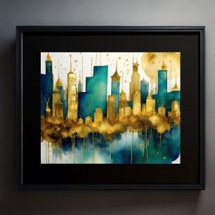 Abstrakt Vattenfärgsmålning Guld Cityscape 5:4 Poster