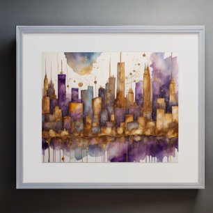 Abstrakt Vattenfärgsmålning Guld Cityscape 5:4 Poster