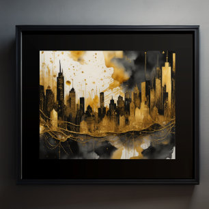 Abstrakt Vattenfärgsmålning Guld Cityscape 5:4 Poster