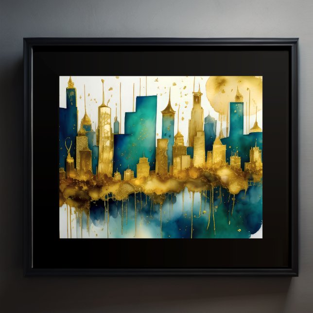 Abstrakt Vattenfärgsmålning Guld Cityscape 5:4 Poster (Skapare uppladdad)