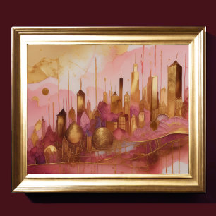 Abstrakt Vattenfärgsmålning Guld Cityscape 5:4 Poster