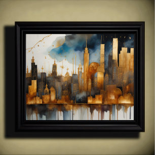 Abstrakt Vattenfärgsmålning Guld Cityscape 5:4 Poster