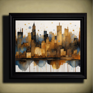 Abstrakt Vattenfärgsmålning Guld Cityscape 5:4 Poster