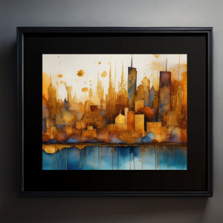 Abstrakt Vattenfärgsmålning Guld Cityscape 5:4 Poster
