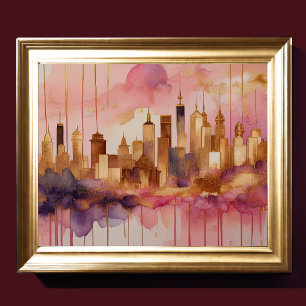 Abstrakt Vattenfärgsmålning Guld Cityscape 5:4 Poster
