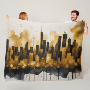 Abstrakt Vattenfärgsmålning Guld Cityscape Fleecefilt