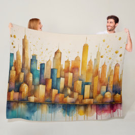 Abstrakt Vattenfärgsmålning Guld Cityscape Fleecefilt