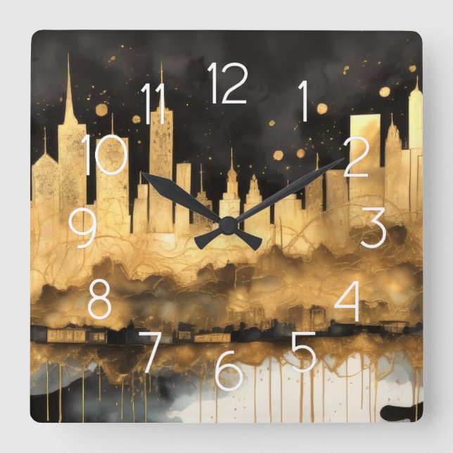 Abstrakt Vattenfärgsmålning Guld Cityscape Fyrkantig Klocka (Framsida)