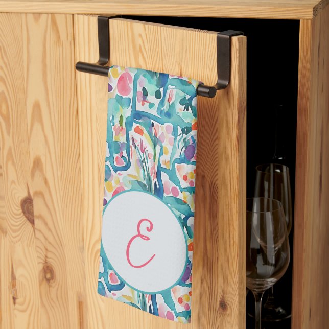 Abstrakt vattenfärgsmongram blommönster kökshandduk (Thirds Fold)