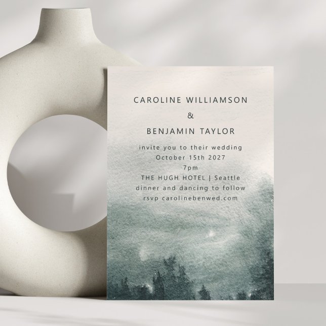 Abstrakt Vattenfärgsskog Grönt Liggande Bröllop Inbjudningar (Skapare uppladdad)