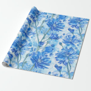 Abstrakt Vattenskärtningsblå och vita blommor Presentpapper