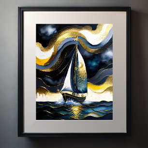 Abstrakt Vattentärsfärg Sailboat Natt 4:5 Poster