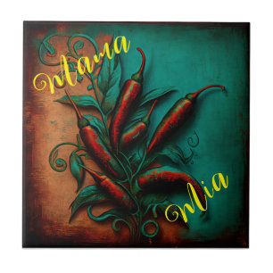 Abstrakt verdigris red chili-målning kakelplatta