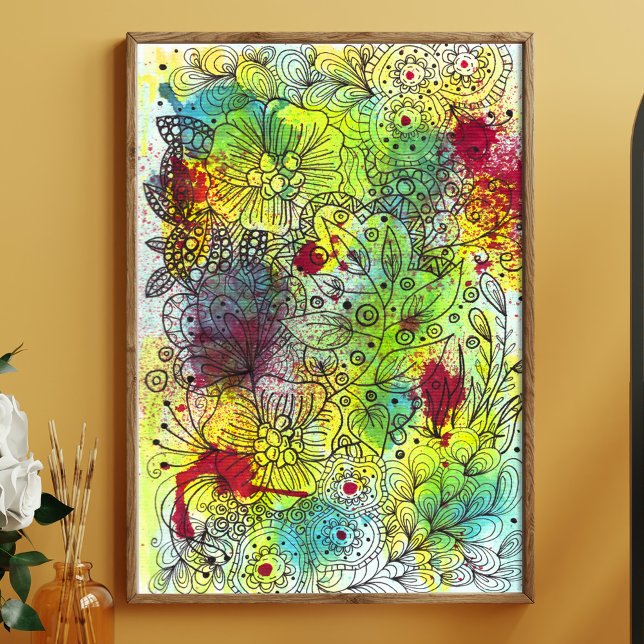 Abstrakt Vibrant Blommigt Doodle Line Artwork Poster (Skapare uppladdad)