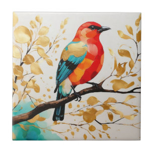 Abstrakt Vibrant Songbird on Golden Löv Träd Kakelplatta