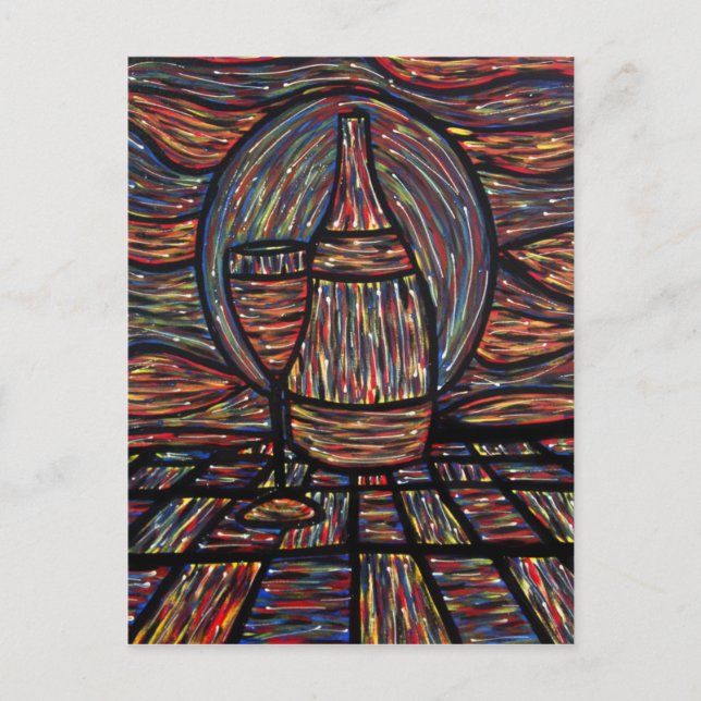 Abstrakt Vin Flaska & Vin Glass Art-vykort Vykort (Framsida)