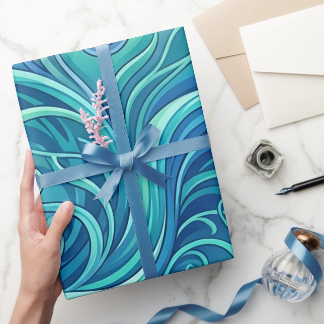 Abstrakt vinranke havsblått inslagspapper presentpapper (Gifting)