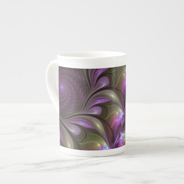 Abstrakt Violet Lila Khaki Fractal Art Benporslin Mugg (Framsida vänster)