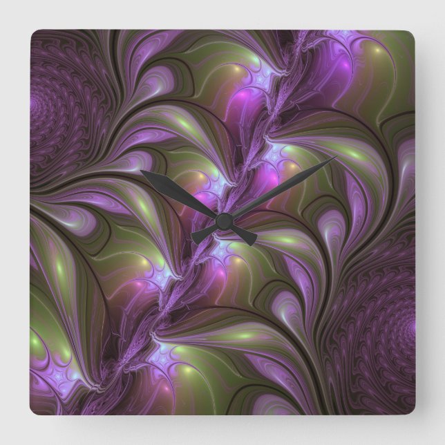 Abstrakt Violet Lila Khaki Fractal Art Fyrkantig Klocka (Framsida)