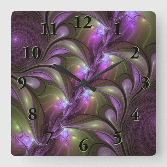 Abstrakt Violet Lila Khaki Fractal Art Fyrkantig Klocka (Framsida)