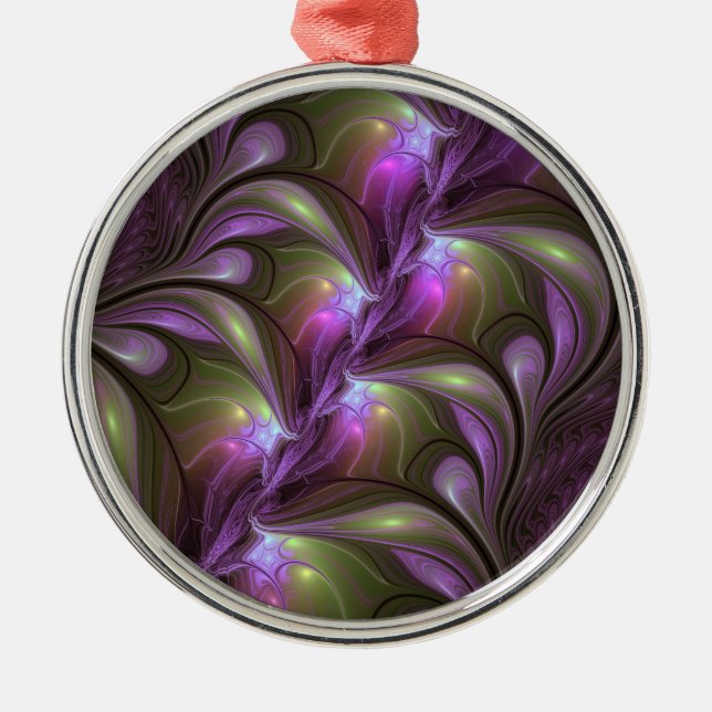 Abstrakt Violet Lila Khaki Fractal Art Julgransprydnad Metall (Framsidan)
